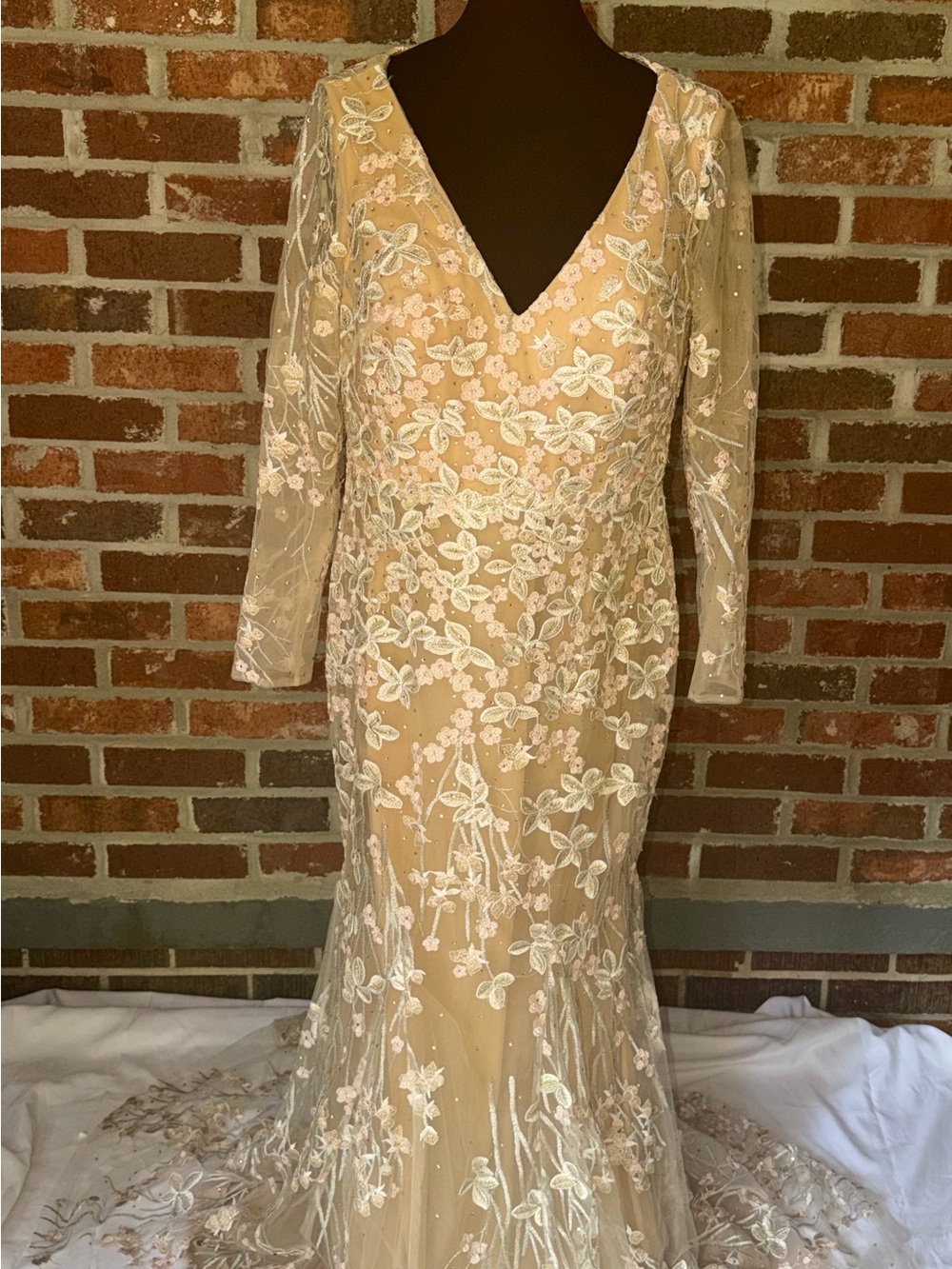 Mac Duggal Nude Floral Embroidered V-Neck Evening Gown